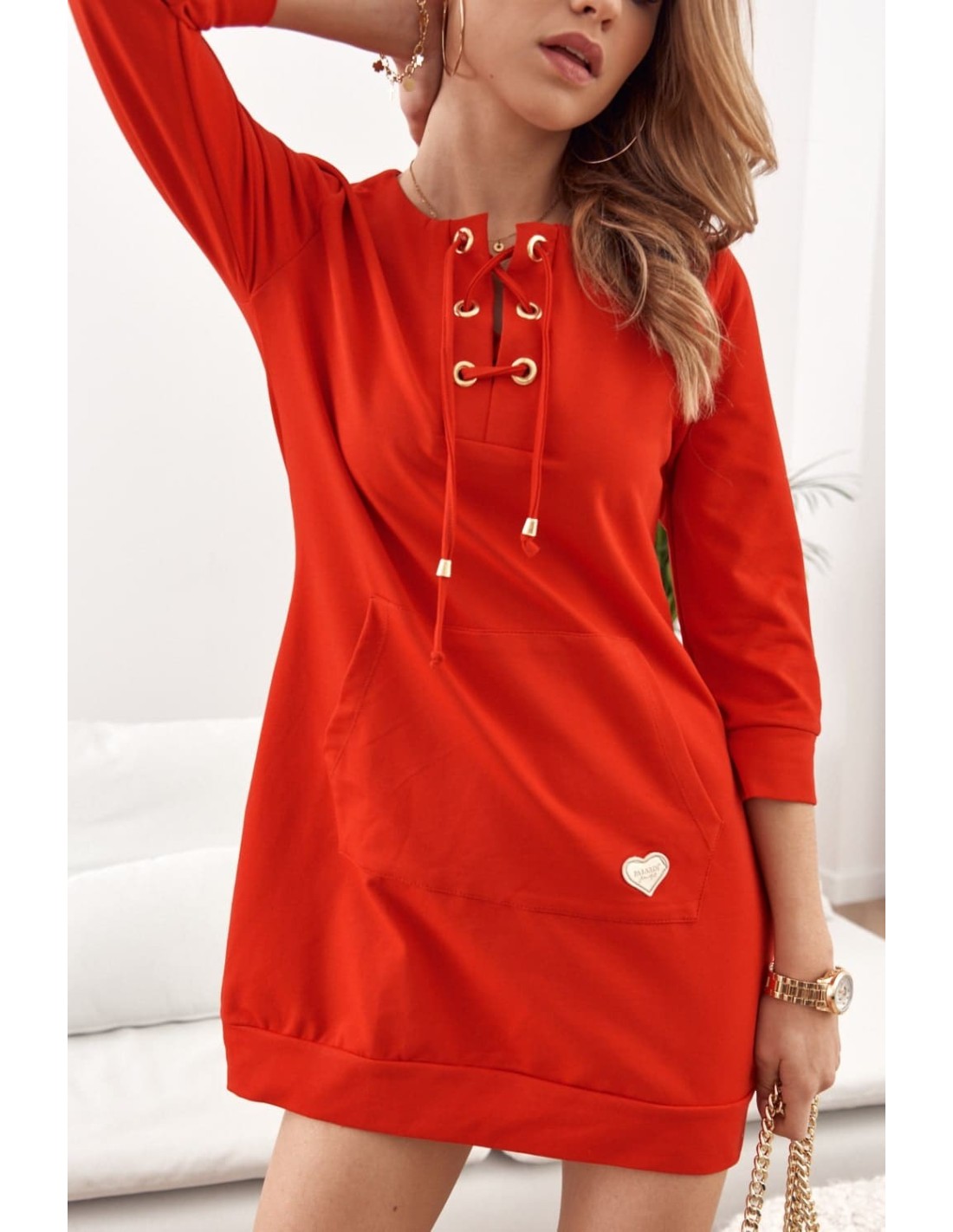 Dress/tunic with a tied neckline red FI600 - Online store - Boutique